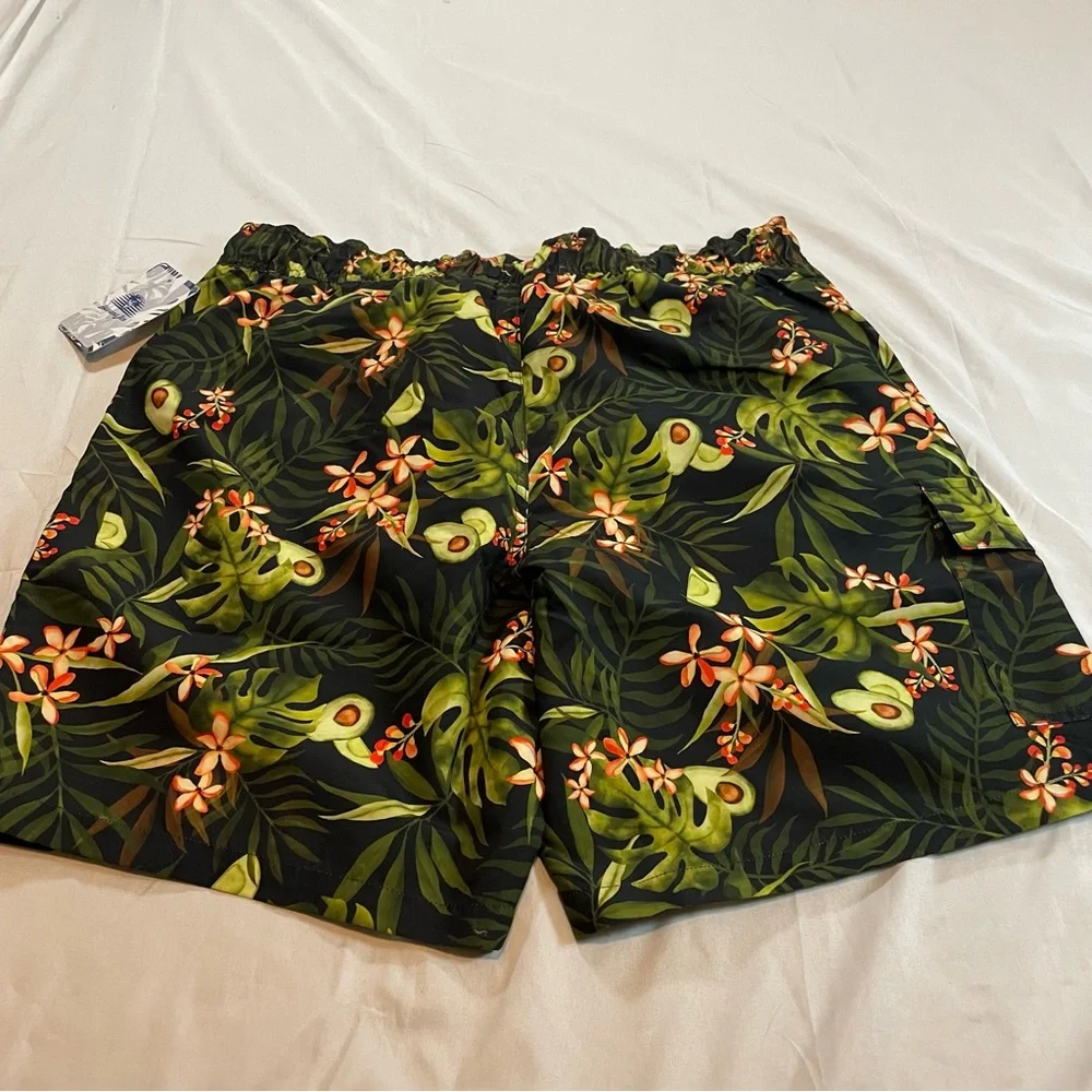Havana Jim Mens Tropical Avocado Floral Swim Trunks Cargo Pocket Green Large NWT